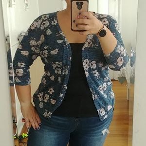 Blue floral knit open cardigan